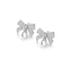 Simple And Cute Ribbon Imitation Pearl Stud Earrings With Cubic Zirconia Silver - One Size