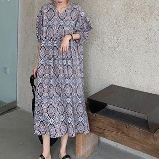 Flower Print Puff-sleeve Midi Shift Dress