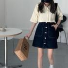 Elbow-sleeve Shirt Dress / Mini Denim Skirt