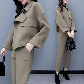 Set: Front-pocket Button Coat + Cropped Dress Pants