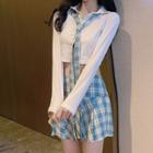 Long-sleeve Crop Shirt / Plaid Tie / Pleated Mini A-line Skirt / Set