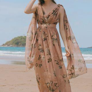 Floral Print V-neck Sleeveless Maxi A-line Dress