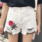 Floral Embroidery Ripped Denim Shorts