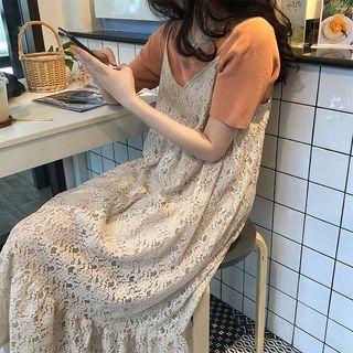 Short-sleeve Knit Top / Spaghetti Strap Midi Lace Dress