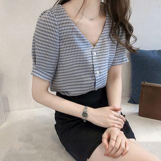 Short-sleeve V-neck Check Blouse