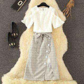 Set: Mesh Panel Short-sleeve Blouse + Plaid Slit Midi A-line Skirt