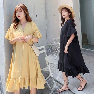 Short-sleeve Ruffled Buttoned Midi Dress