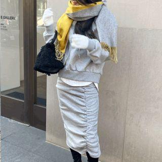 Set: Hooded Sweatshirt + Shirred Midi Skirt Gray - One Size