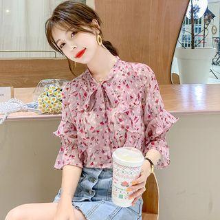 Flower Print Ruffle Elbow-sleeve Blouse