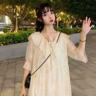 Lace-up Elbow-sleeve Bodycon Dress Almond - One Size