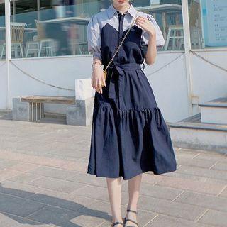 Puff-sleeve Two-tone Midi Shirtdress