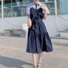 Puff-sleeve Two-tone Midi Shirtdress