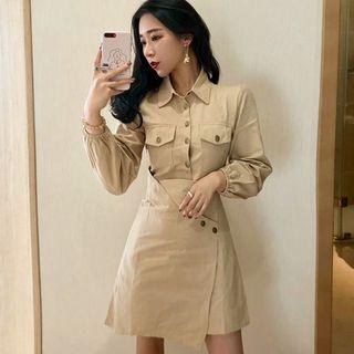 Pocket Detail Long-sleeve Collared Dress