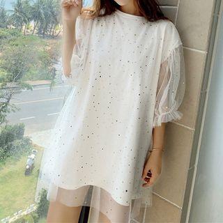 Elbow-sleeve Sequin Mesh Overlay T-shirt Tunic