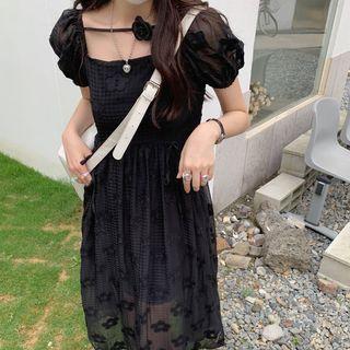 Puff-sleeve Floral Pint Midi A-line Dress