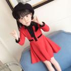 Long-sleeved Bow Plain Slim Sheath Dress