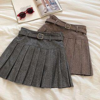 Striped High-waist Acrylic Pleated Skirt With Belt