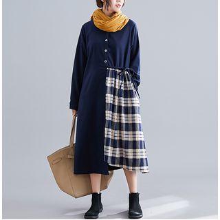 Asymmetric Hem Plaid Panel A-line Dress