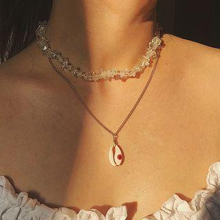 Shell Faux Crystal Pendant Layered Choker Necklace