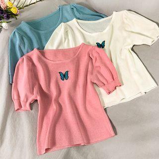 Butterfly-embroidered Puff-sleeve Crop Knit Top In 7 Colors