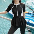 Short-sleeve Two-tone Ruffle Hem Swimsuit
