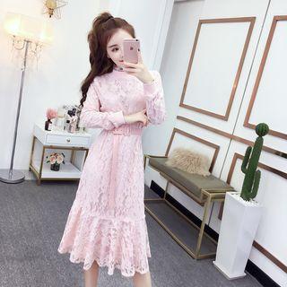 Long-sleeve Mock Neck Lace Dress With Belt