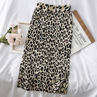 Leopard-print Knit Skirt Khaki - One Size