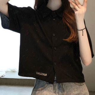 Elbow-sleeve Button-up Plain Shirt