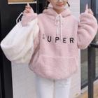 Letter Embroidered Furry Trim Hoodie