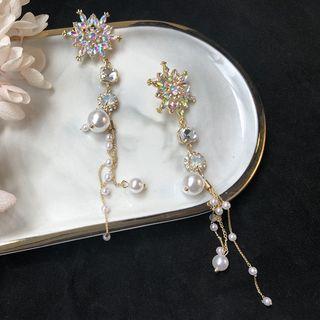 Faux Pearl Rhinestone Fringed Earring 1 Pair - Silver Earring - One Size
