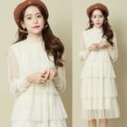 Mesh Long-sleeve Tiered Dress Almond - One Size
