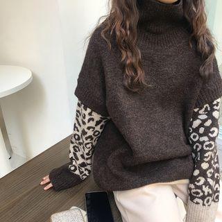 Patchwork Mock Two-piece Turtleneck Sweater