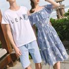Couple Matching Short-sleeve T-shirt / Floral Print Off-shoulder A-line Dress