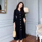 Long-sleeve V-neck Button Midi A-line Dress