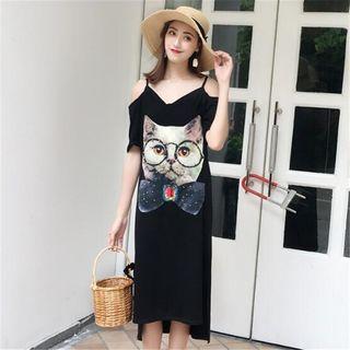 Cat Print Short-sleeve Cold Shoulder T-shirt Dress