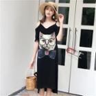 Cat Print Short-sleeve Cold Shoulder T-shirt Dress