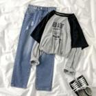 Mock Two-piece Lettering Long-sleeve T-shirt / Distressed Cropped Straight-fit Jeans