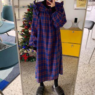 V-neck Frill-trim Plaid Long Dress