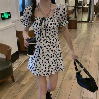 Short-sleeve Printed Mini A-line Dress Black & White - One Size