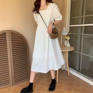 Square Collar Plain Puff-sleeve Midi Dress