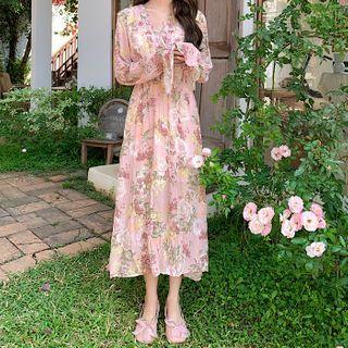 Long-sleeve Floral Print Midi Chiffon Dress Pink - One Size