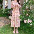 Long-sleeve Floral Print Midi Chiffon Dress Pink - One Size