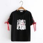 Printed Lace-up Short-sleeve T-shirt