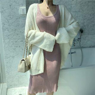 Open Front Cardigan / Crew-neck Sleeveless Knit Dress