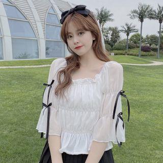 Elbow-sleeve Frill Trim Bow-accent Blouse