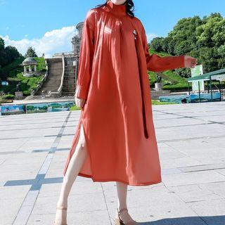 Long-sleeve Midi Dress Tangerine Red - One Size
