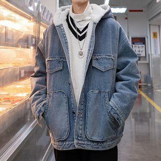 Fleece-lined Button-up Hooded Denim Jacket