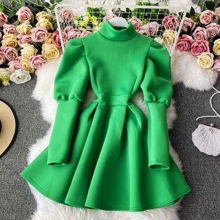 Stand-collar Puff Long-sleeve Dress