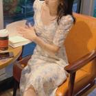 Short-sleeve Floral Print Midi A-line Lace Dress