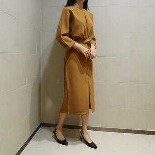 Tie-waist Slit-front Midi Dress